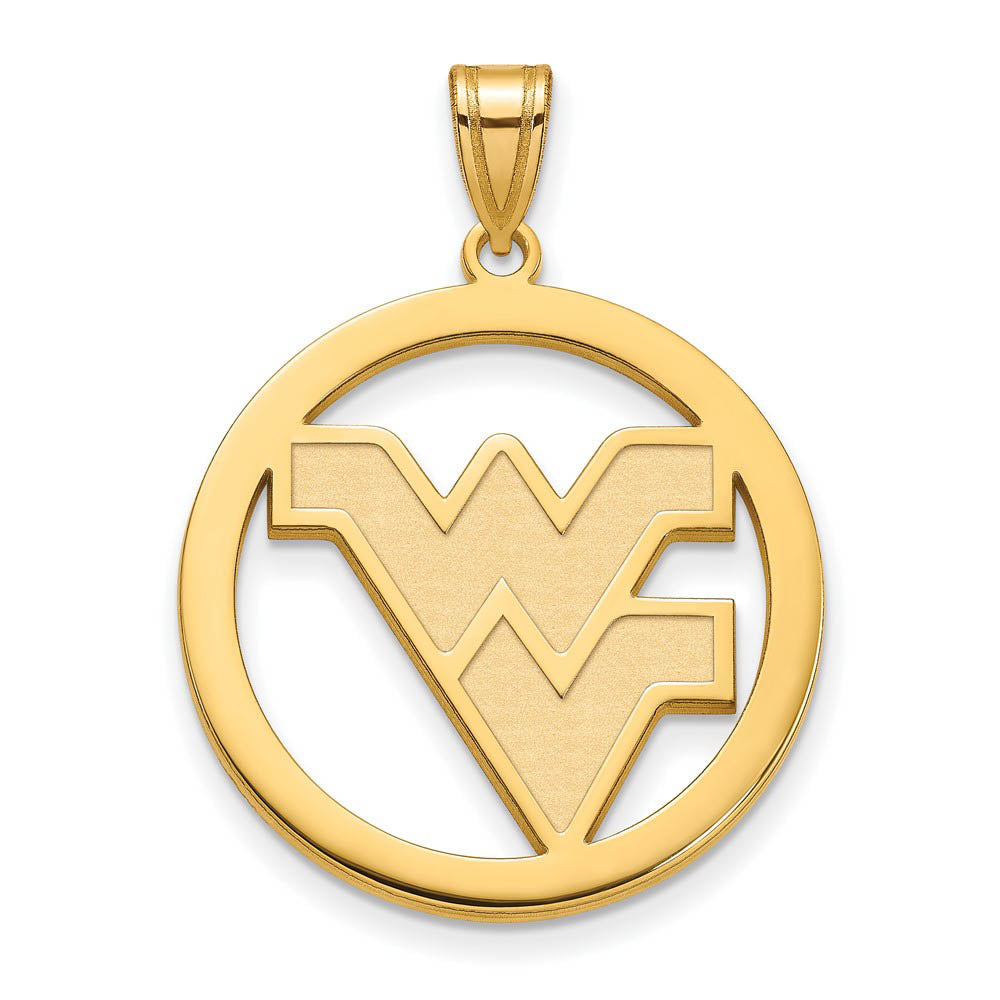 14k Gold Plated Silver West Virginia U. XL Circle Pendant, Item P25228 by The Black Bow Jewelry Co.
