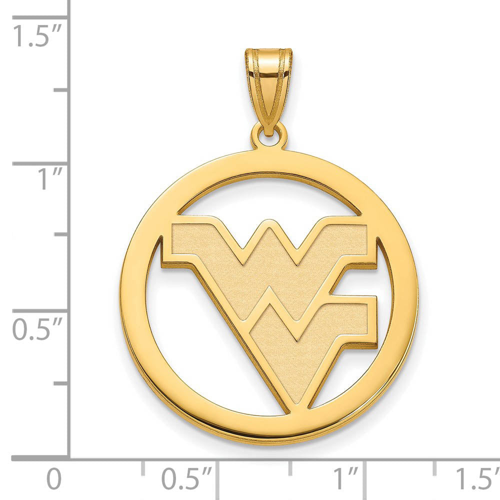 Alternate view of the 14k Gold Plated Silver West Virginia U. XL Circle Pendant by The Black Bow Jewelry Co.
