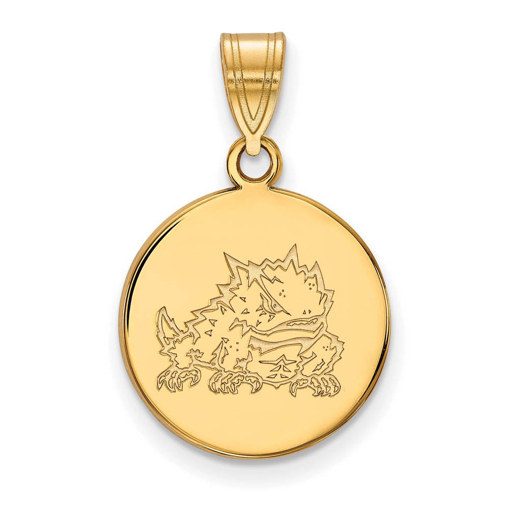 14k Gold Plated Silver Texas Christian U. Medium Disc Pendant, Item P25279 by The Black Bow Jewelry Co.