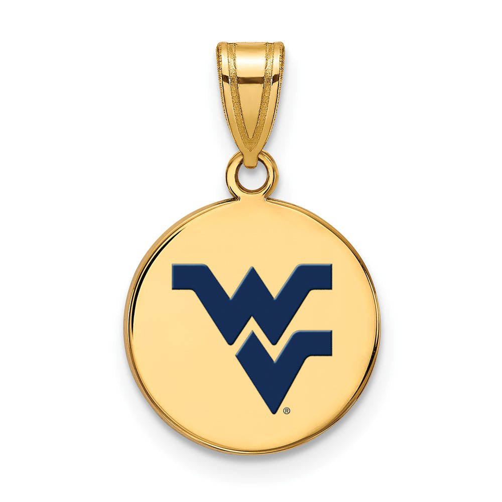 14k Gold Plate Silver West Virginia U. Medium Enamel Logo Disc Pendant, Item P25288 by The Black Bow Jewelry Co.