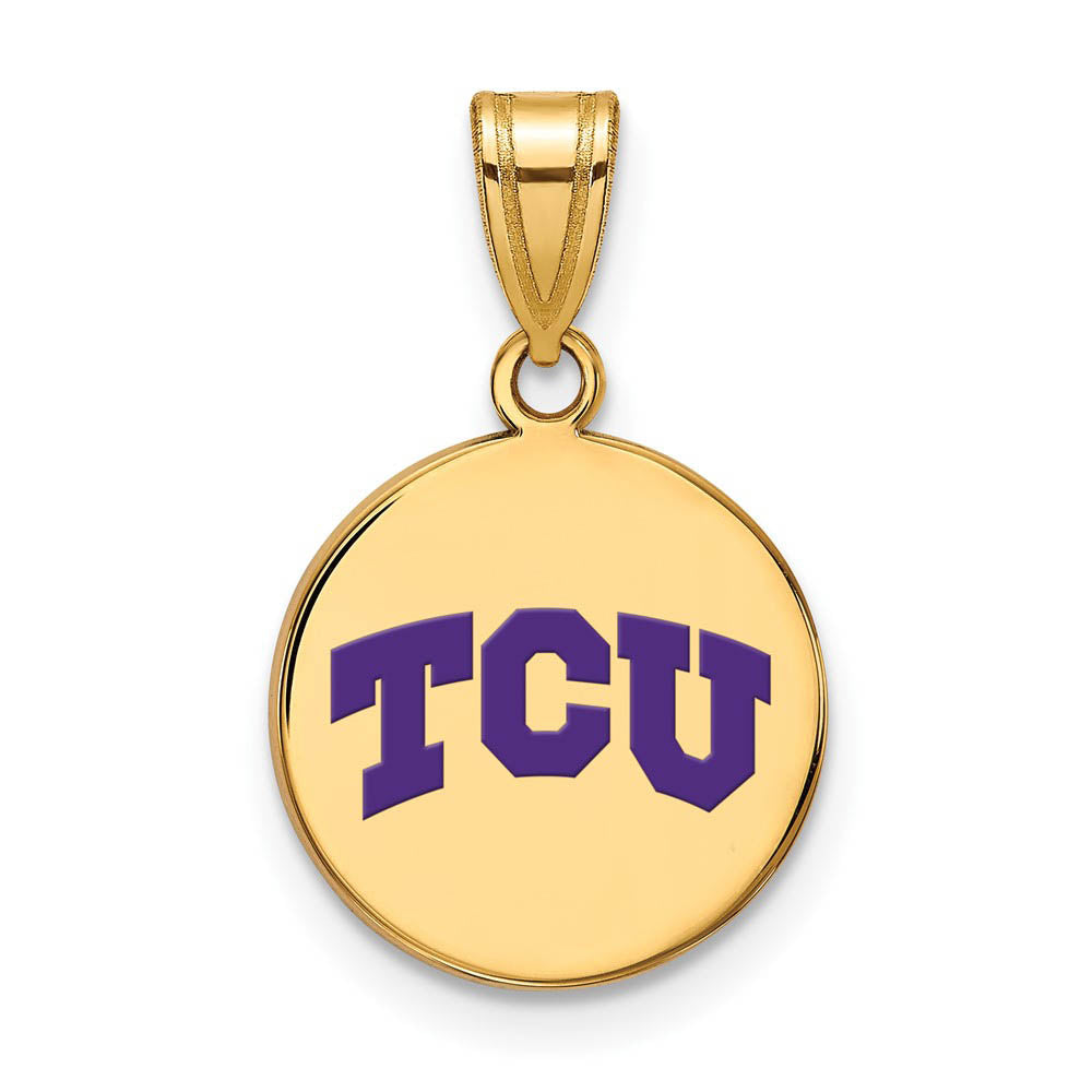 14k Gold Plated Silver Texas Christian U. Med Enamel Disc Pendant, Item P25318 by The Black Bow Jewelry Co.