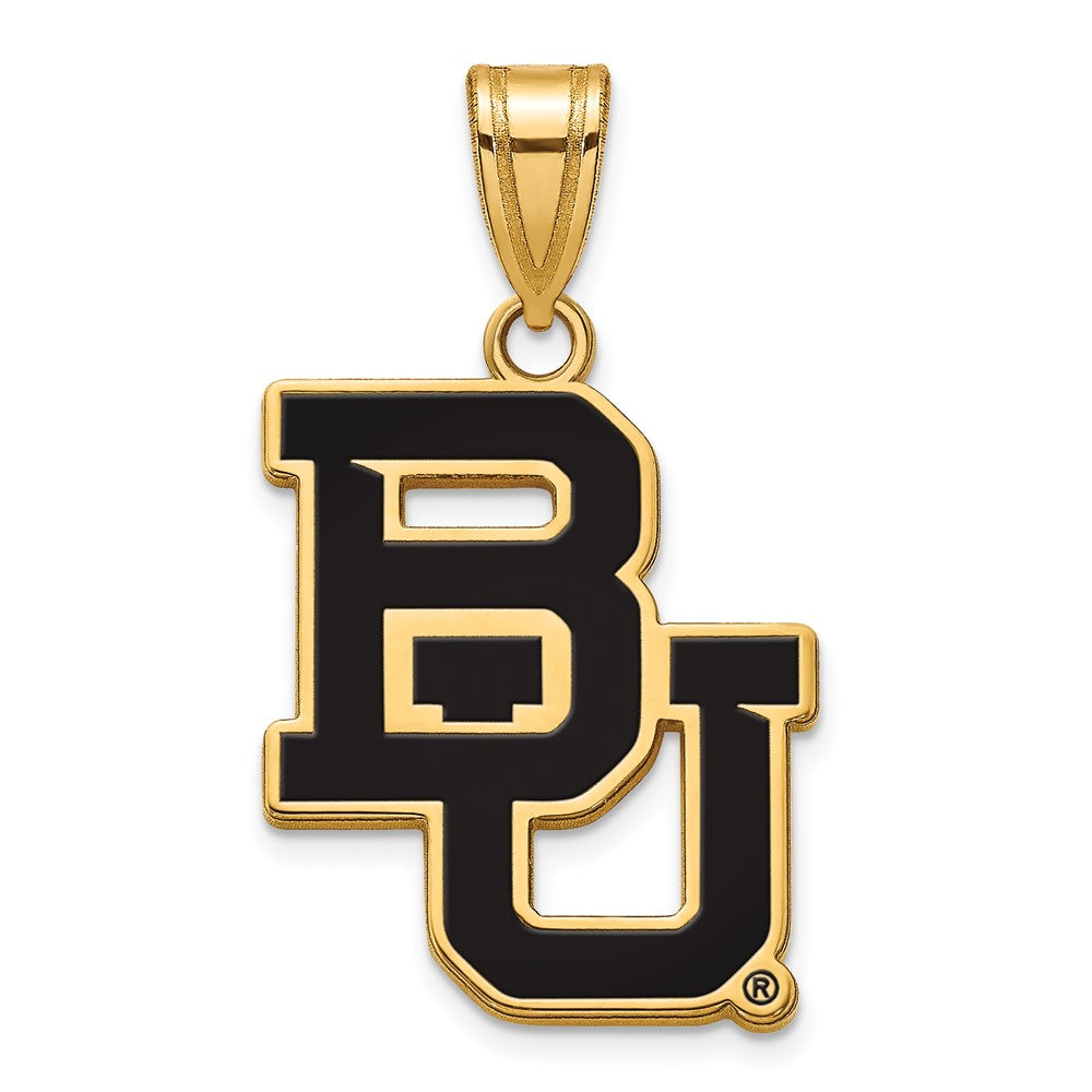 14k Gold Plated Silver Baylor U Large 'BU' Enamel Pendant, Item P25383 by The Black Bow Jewelry Co.