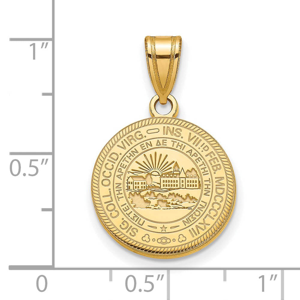 Alternate view of the 14k Gold Plated Silver West Virginia U. Medium Crest Disc Pendant by The Black Bow Jewelry Co.