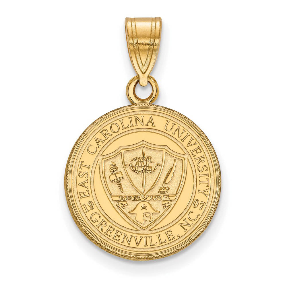 14k Gold Plated Silver East Carolina U Medium Crest Pendant, Item P25401 by The Black Bow Jewelry Co.