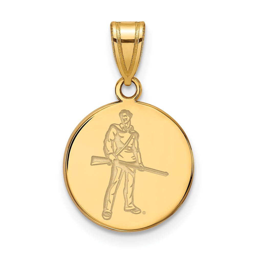 14k Gold Plated Silver West Virginia U. Medium Mascot Disc Pendant, Item P25429 by The Black Bow Jewelry Co.