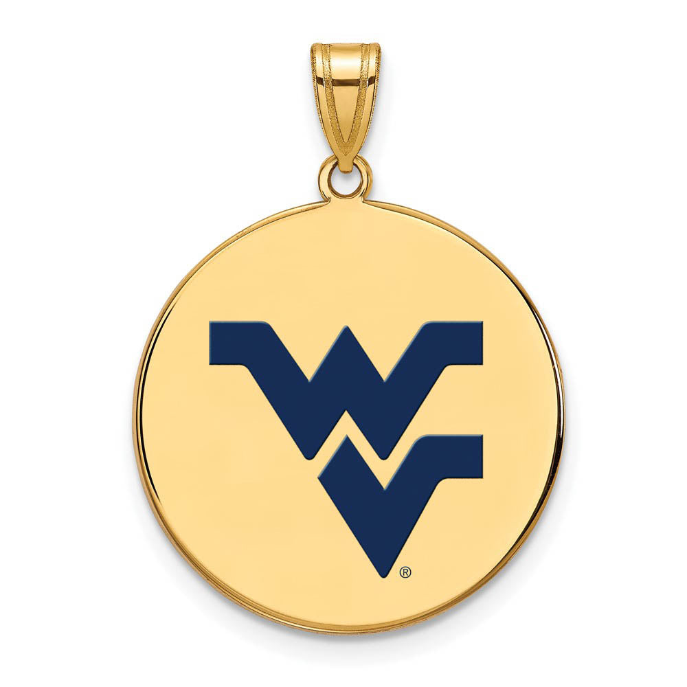 14k Gold Plated Silver West Virginia U. Large Enamel Logo Disc Pendant, Item P25510 by The Black Bow Jewelry Co.