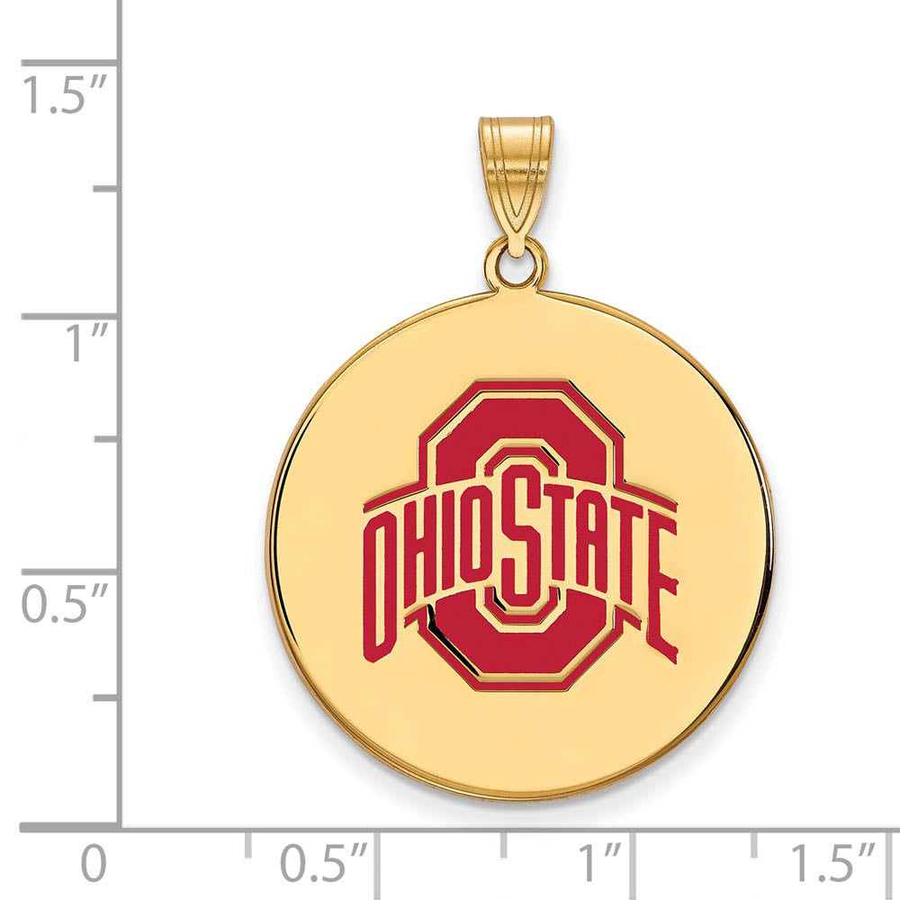 Alternate view of the 14k Gold Plated Silver Ohio State XL Enamel Logo Disc Pendant by The Black Bow Jewelry Co.