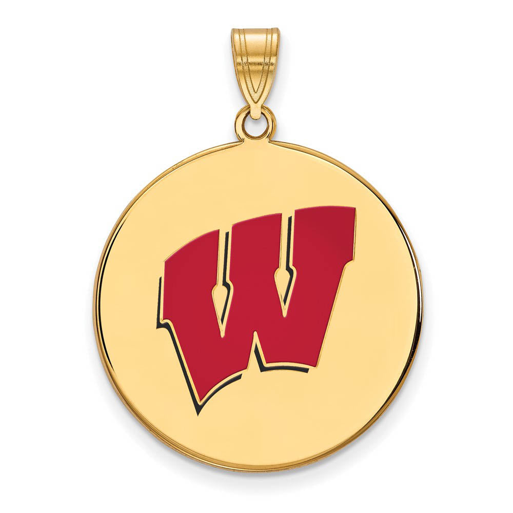 14k Gold Plated Silver U of Wisconsin XL Enamel 'W' Disc Pendant, Item P25568 by The Black Bow Jewelry Co.
