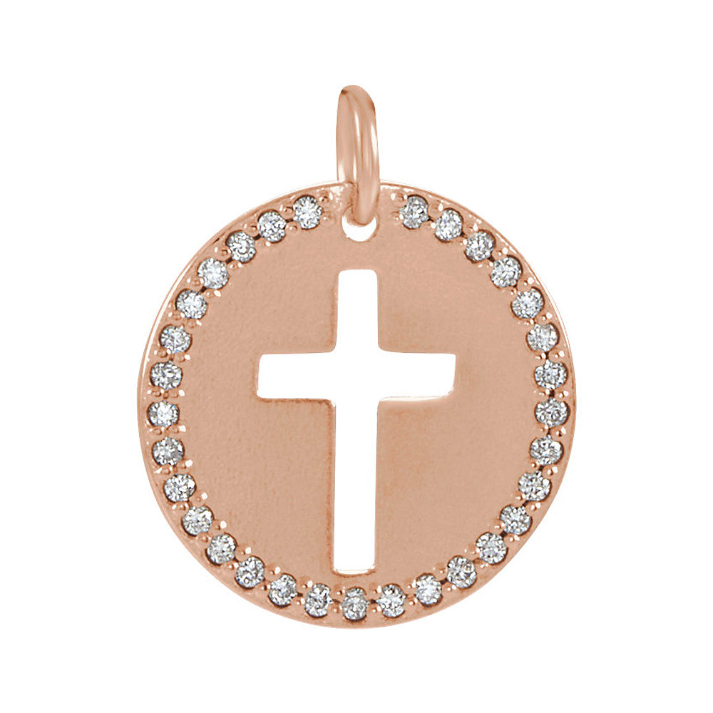 14k Rose Gold and 0.08 Ctw Diamond Disc Cross Charm or Pendant, 12mm, Item P25653 by The Black Bow Jewelry Co.