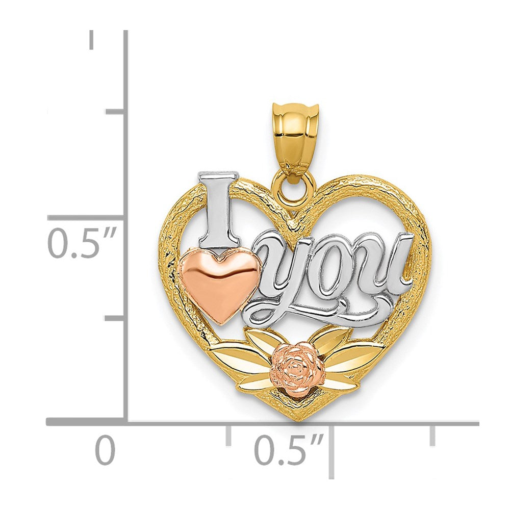 Alternate view of the 14k Two Tone Gold & Rhodium I Love You Heart Pendant, 17mm by The Black Bow Jewelry Co.