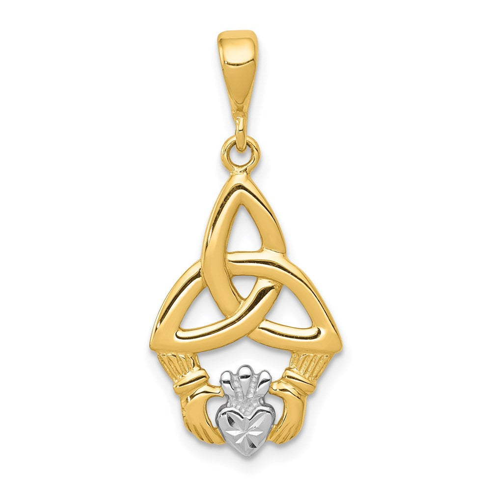 14k Yellow Gold and Rhodium Diamond Cut Claddagh Pendant, 12mm, Item P25679 by The Black Bow Jewelry Co.