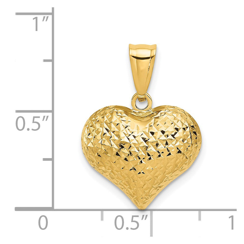 Alternate view of the 14k Yellow Gold Semi Solid Diamond Cut Puffed Heart Pendant, 16mm by The Black Bow Jewelry Co.