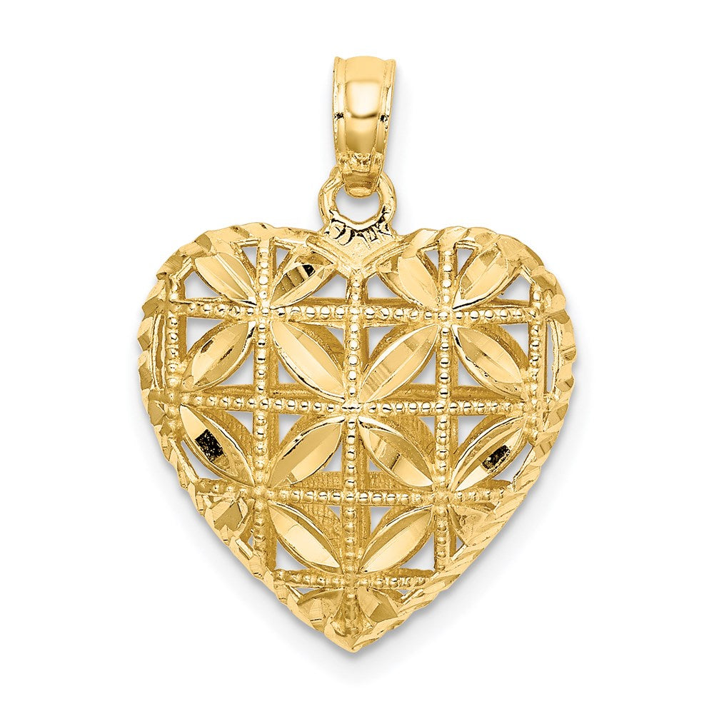 Alternate view of the 14k Yellow Gold Diamond Cut Open Puffed Heart Pendant, 16mm by The Black Bow Jewelry Co.