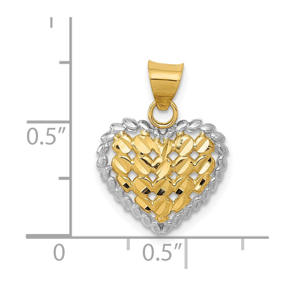 Alternate view of the 14k Yellow Gold and Rhodium Diamond Cut Heart Pendant, 14mm by The Black Bow Jewelry Co.