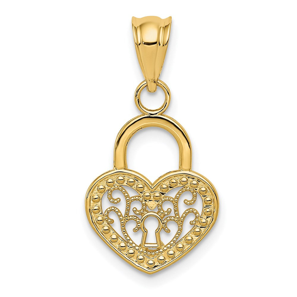 14k Yellow Gold Filigree Heart Key Hole Lock Pendant, 12mm, Item P25732 by The Black Bow Jewelry Co.