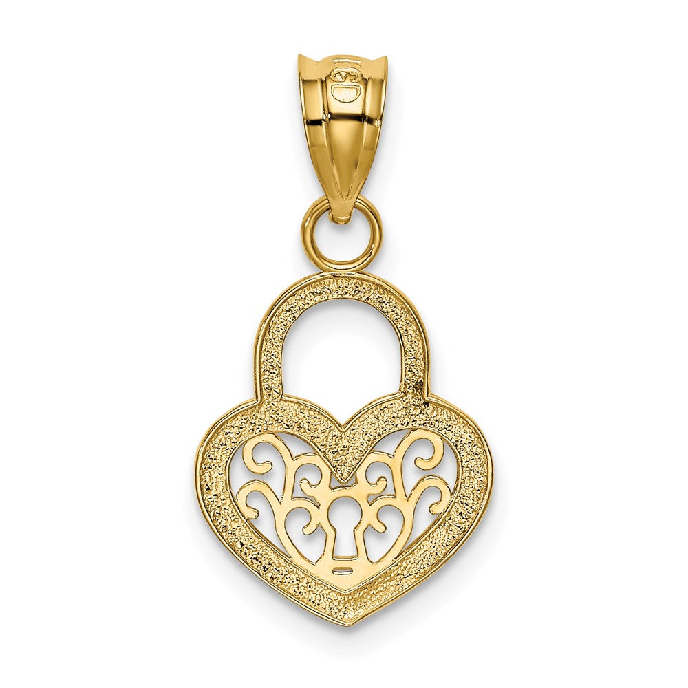 Alternate view of the 14k Yellow Gold Filigree Heart Key Hole Lock Pendant, 12mm by The Black Bow Jewelry Co.