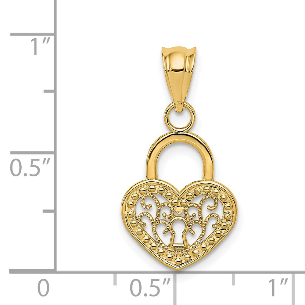 Alternate view of the 14k Yellow Gold Filigree Heart Key Hole Lock Pendant, 12mm by The Black Bow Jewelry Co.