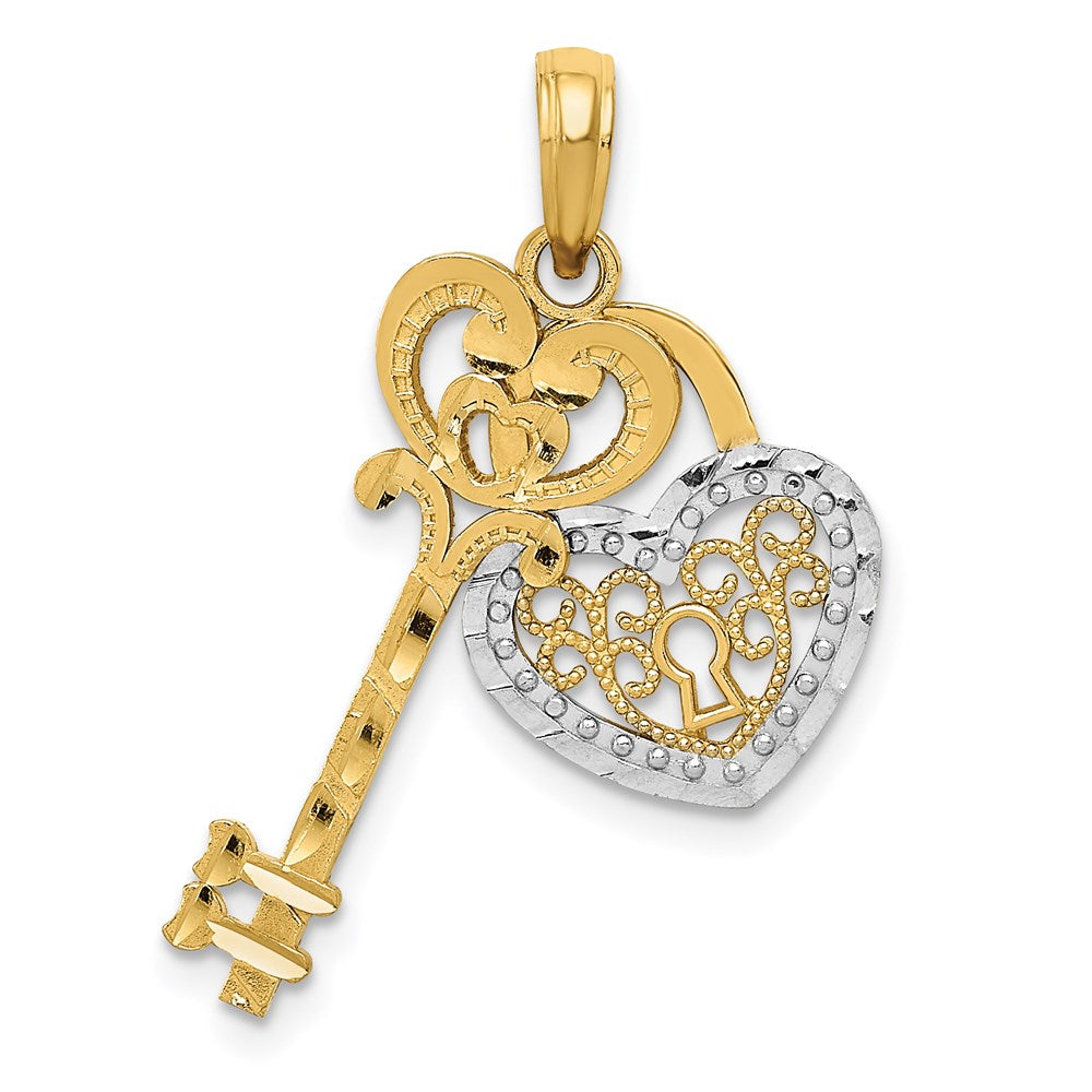 14k Yellow Gold & White Rhodium Key and Heart Lock Pendant, 12mm, Item P25733 by The Black Bow Jewelry Co.
