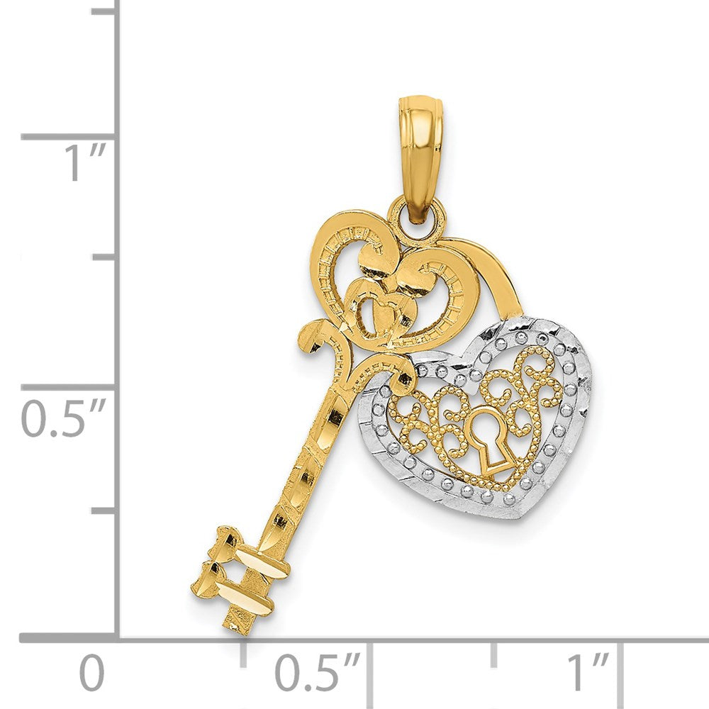Alternate view of the 14k Yellow Gold & White Rhodium Key and Heart Lock Pendant, 12mm by The Black Bow Jewelry Co.