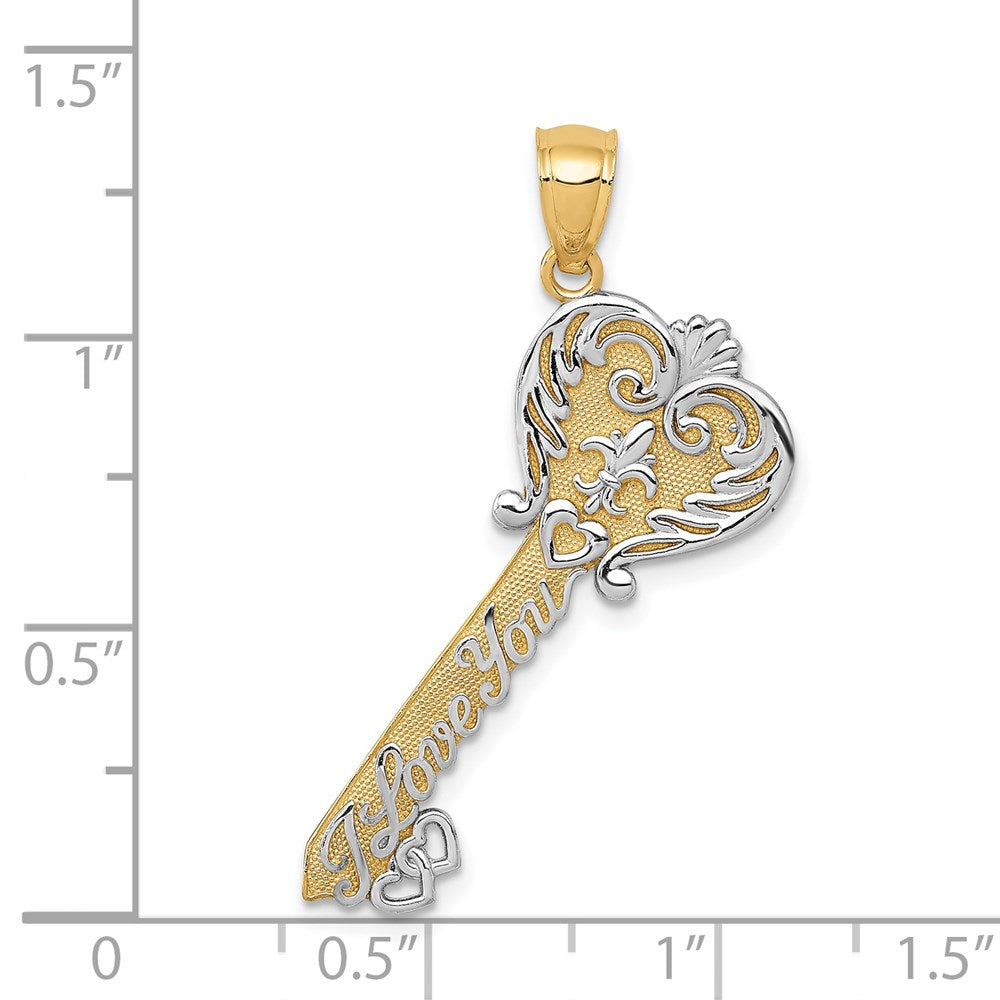 Alternate view of the 14k Yellow Gold & White Rhodium Plated I love You Key Pendant, 13mm by The Black Bow Jewelry Co.