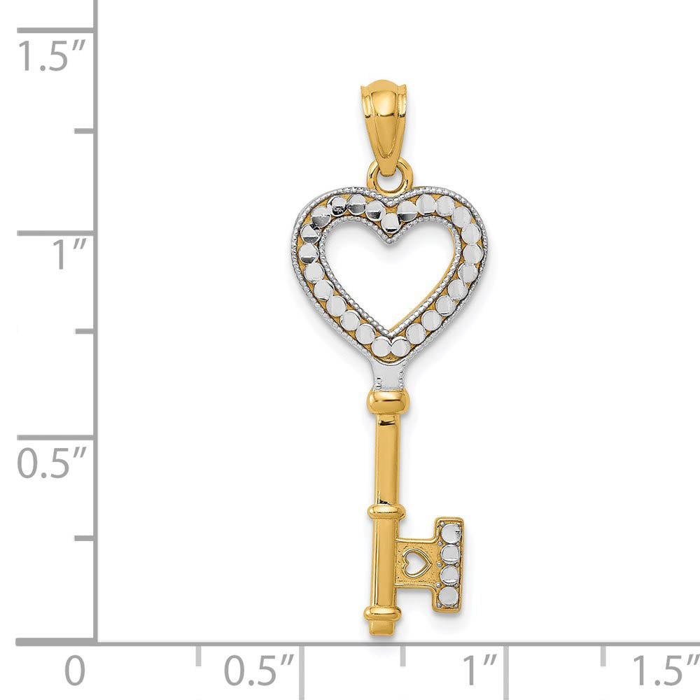 Alternate view of the 14k Yellow Gold and White Rhodium Heart Key Pendant, 12mm by The Black Bow Jewelry Co.