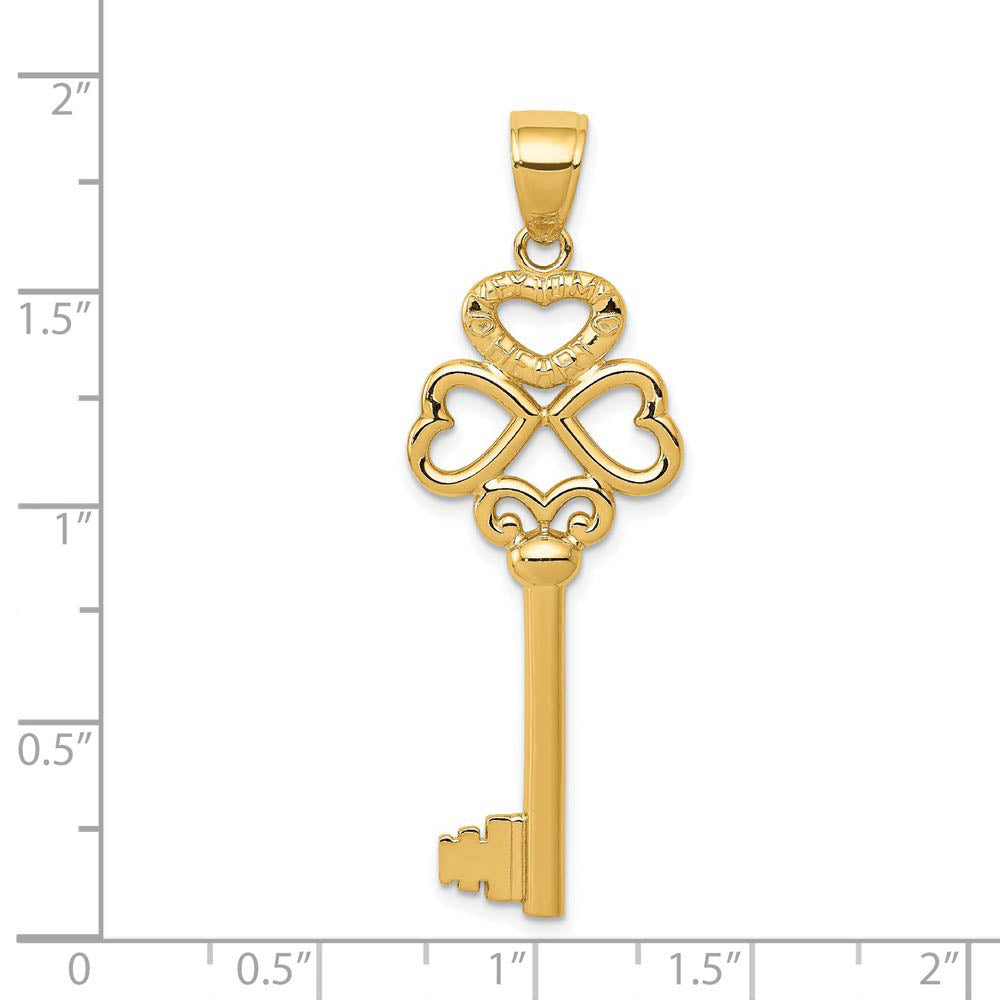 Alternate view of the 14k Yellow Gold Triple Heart with Key to My Heart Pendant, 15mm by The Black Bow Jewelry Co.