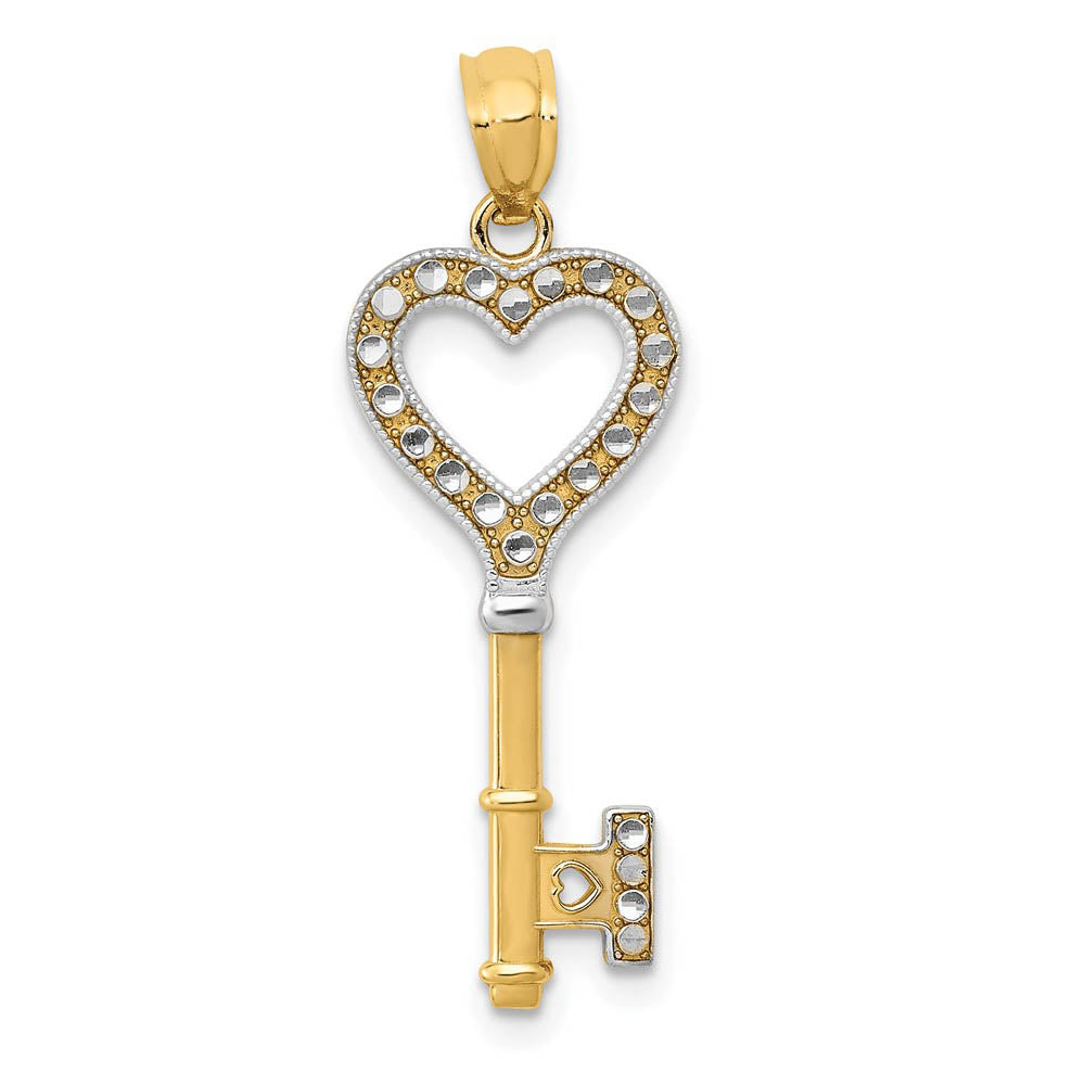 14k Yellow Gold and White Rhodium Heart Key Pendant, 10mm, Item P25778 by The Black Bow Jewelry Co.
