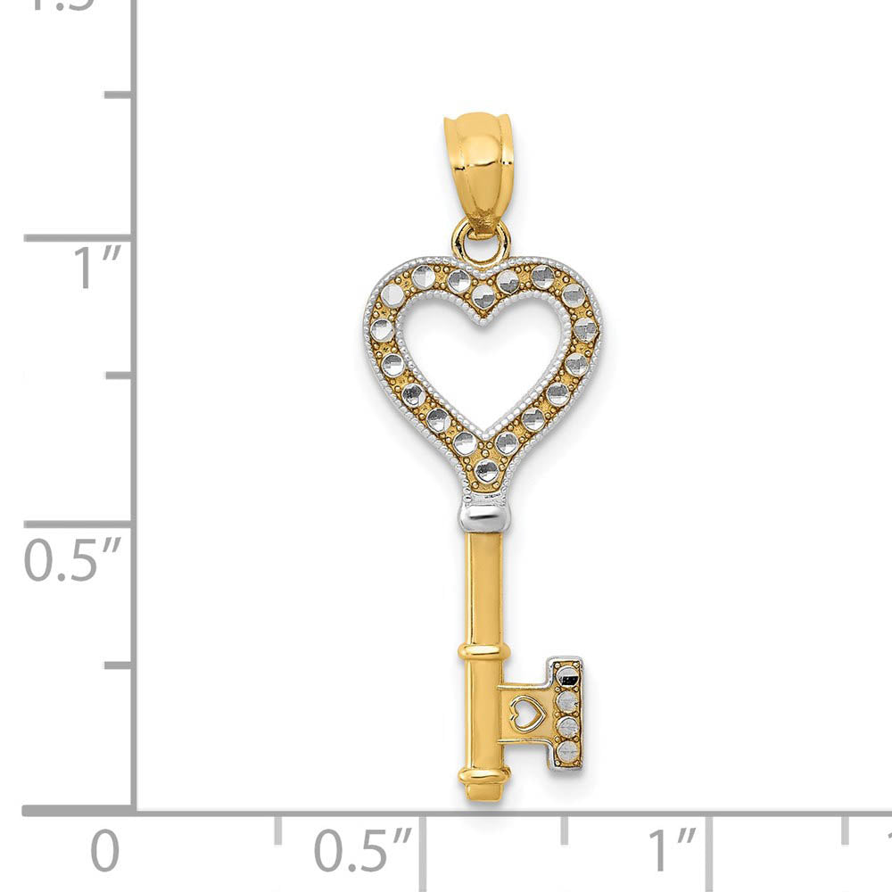 Alternate view of the 14k Yellow Gold and White Rhodium Heart Key Pendant, 10mm by The Black Bow Jewelry Co.
