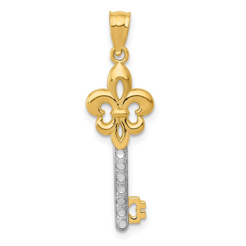 14k Yellow Gold and White Rhodium Plated Fleur De Lis Key Pendant, 8mm, Item P25780 by The Black Bow Jewelry Co.