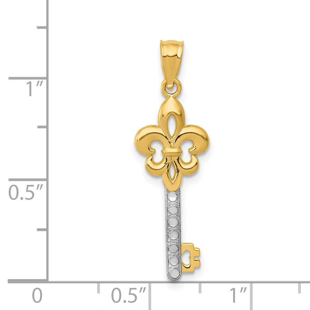 Alternate view of the 14k Yellow Gold and White Rhodium Plated Fleur De Lis Key Pendant, 8mm by The Black Bow Jewelry Co.