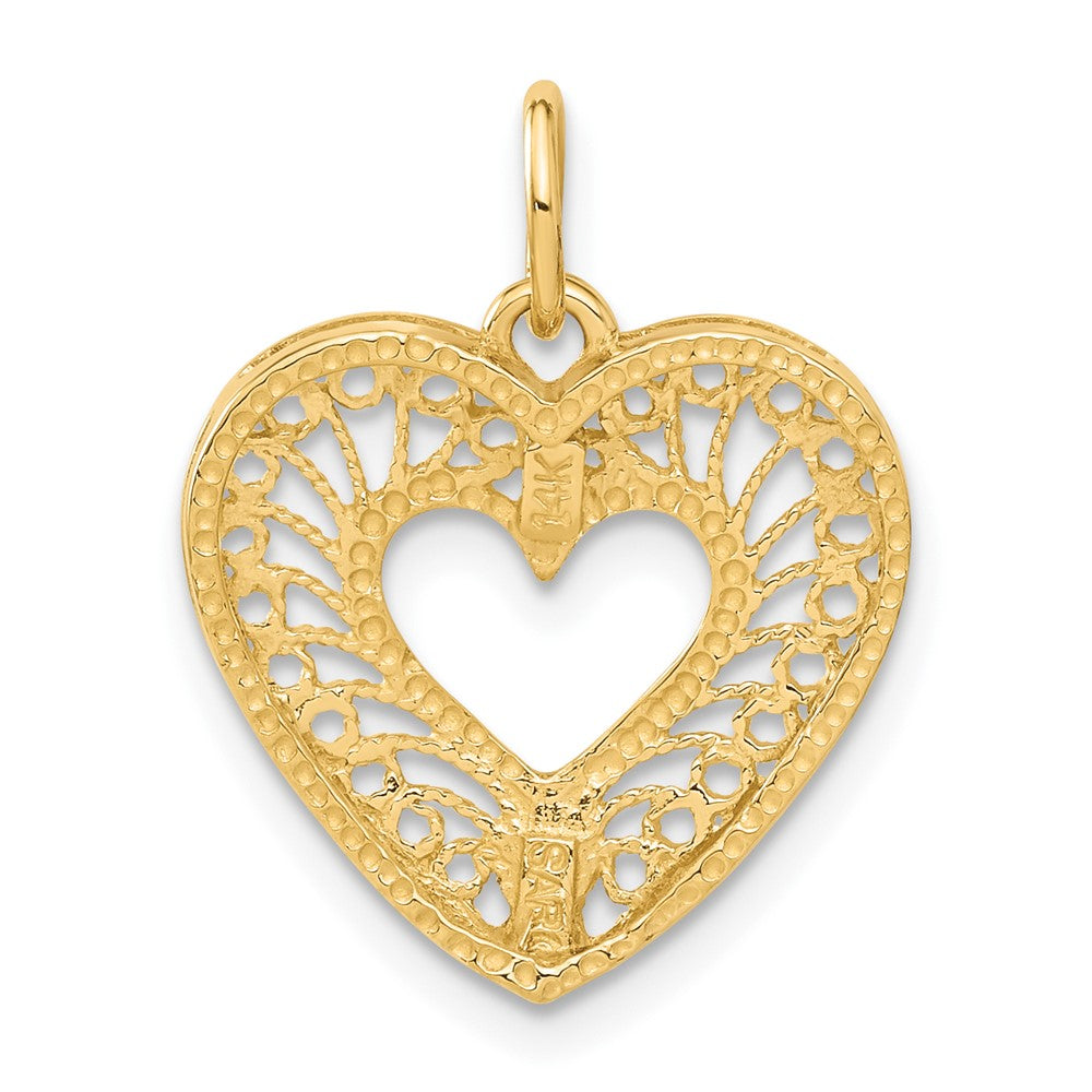 Alternate view of the 14k Yellow Gold Diamond Cut Filigree Heart Charm or Pendant, 17mm by The Black Bow Jewelry Co.