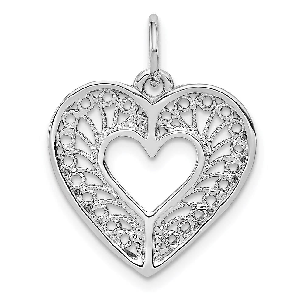 14k White Gold Diamond Cut Filigree Heart Charm or Pendant, 17mm, Item P25798 by The Black Bow Jewelry Co.