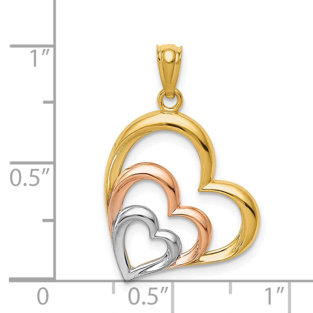 Alternate view of the 14k Two Tone Gold & White Rhodium Plated Layered Hearts Pendant, 17mm by The Black Bow Jewelry Co.