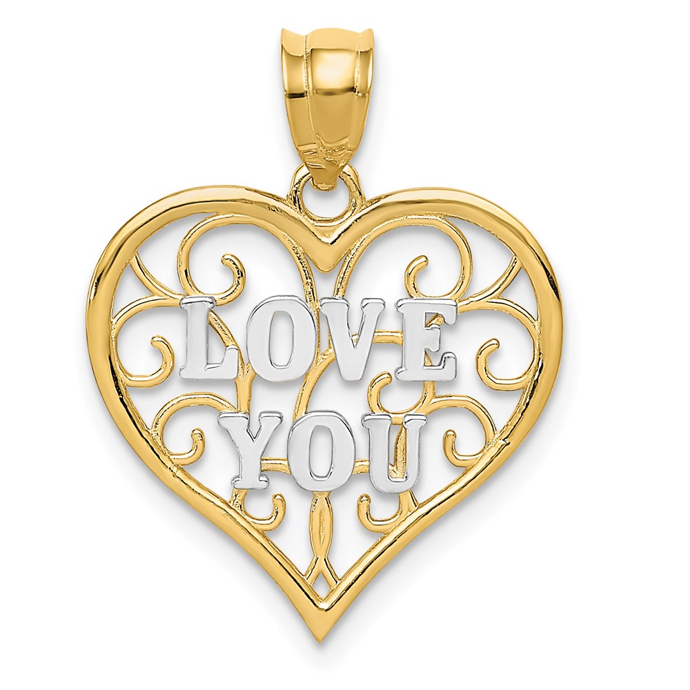 14k Yellow Gold and White Rhodium Filigree Love You Pendant, 18mm, Item P25805 by The Black Bow Jewelry Co.