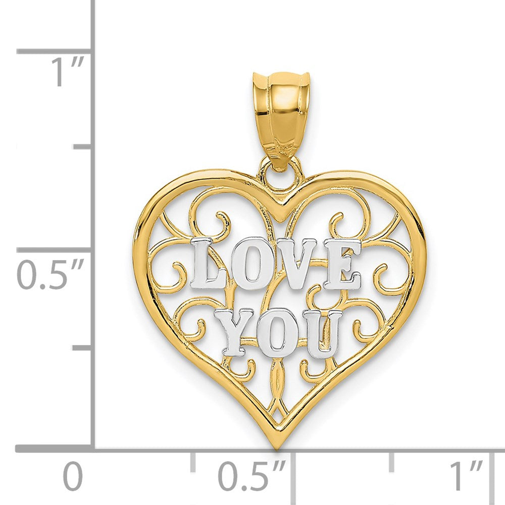 Alternate view of the 14k Yellow Gold and White Rhodium Filigree Love You Pendant, 18mm by The Black Bow Jewelry Co.