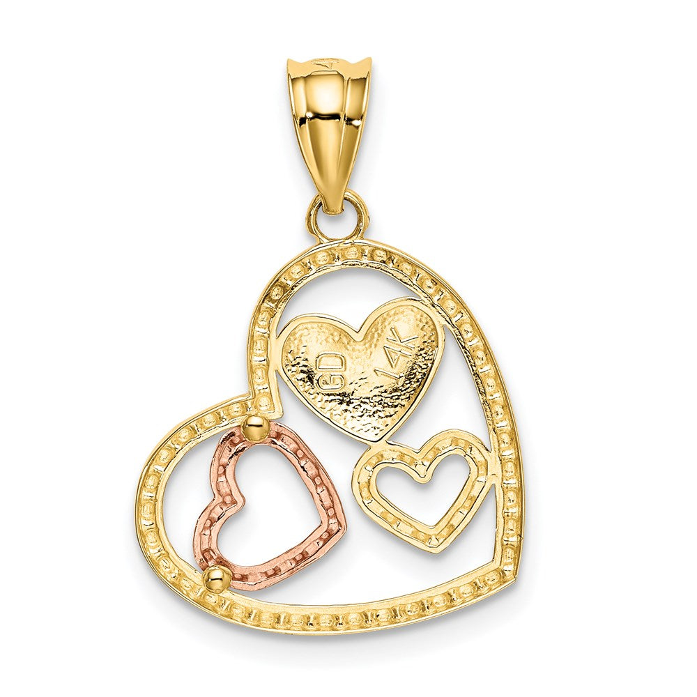 Alternate view of the 14k Two Tone Gold and White Rhodium Triple Heart Pendant, 17mm by The Black Bow Jewelry Co.