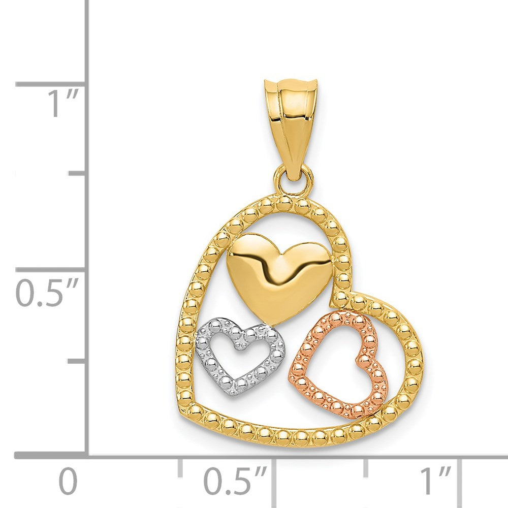 Alternate view of the 14k Two Tone Gold and White Rhodium Triple Heart Pendant, 17mm by The Black Bow Jewelry Co.