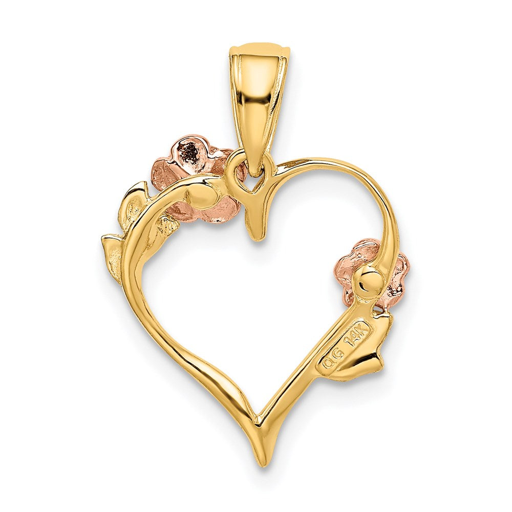 Alternate view of the 14k Yellow & Rose Gold with White Rhodium Flower Heart Pendant, 16mm by The Black Bow Jewelry Co.