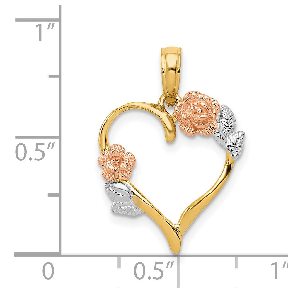 Alternate view of the 14k Yellow & Rose Gold with White Rhodium Flower Heart Pendant, 16mm by The Black Bow Jewelry Co.