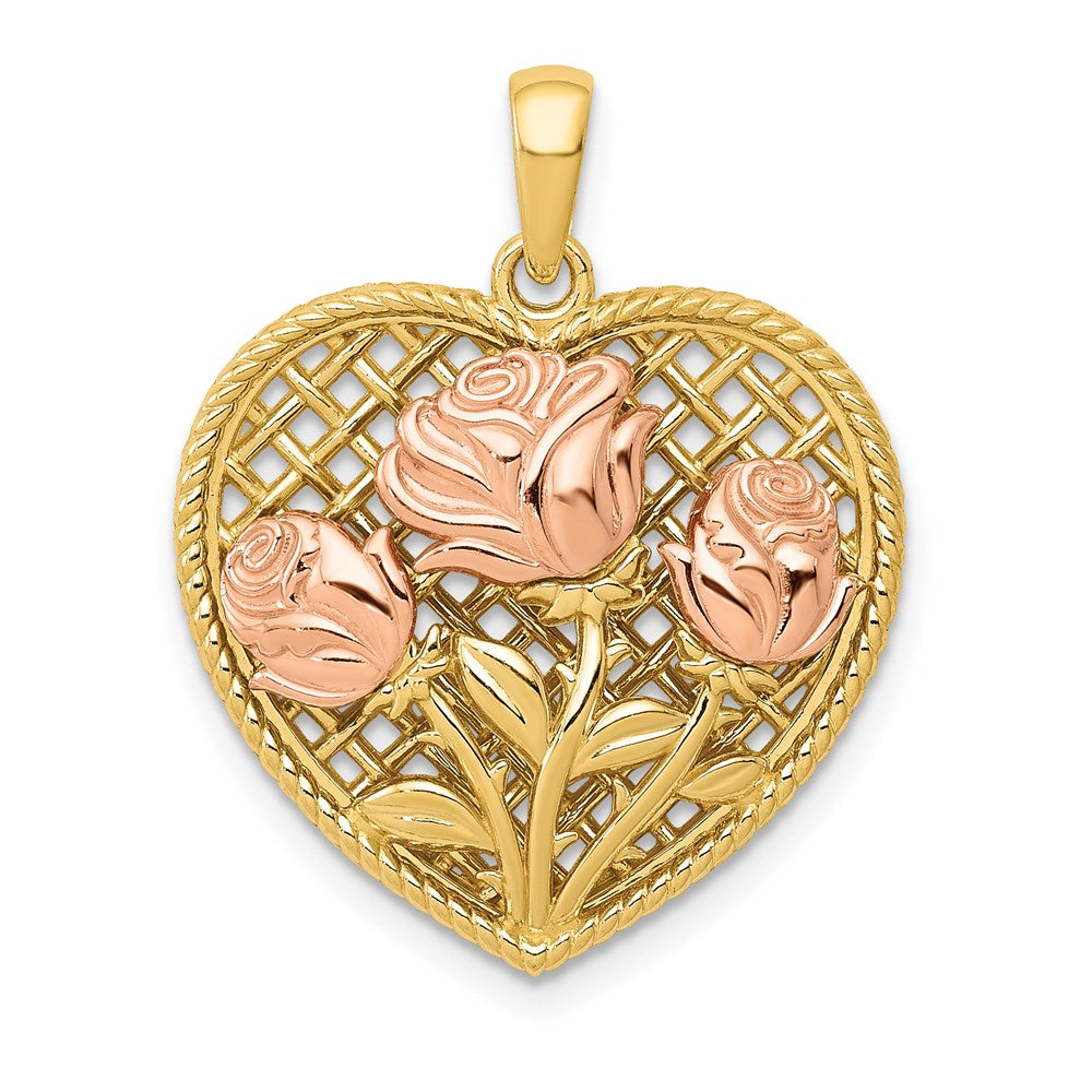 14k Yellow Gold and Rose Gold Roses Heart Pendant, 20mm, Item P25812 by The Black Bow Jewelry Co.