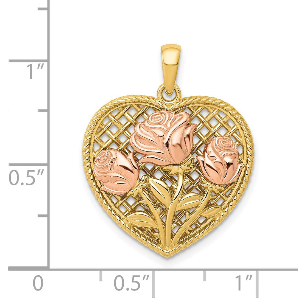 Alternate view of the 14k Yellow Gold and Rose Gold Roses Heart Pendant, 20mm by The Black Bow Jewelry Co.