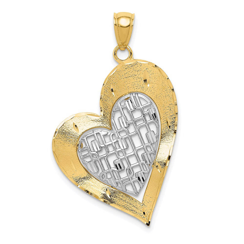 14k Two Tone Gold Satin and Diamond Cut Fancy Heart Pendant, 22mm, Item P25821 by The Black Bow Jewelry Co.