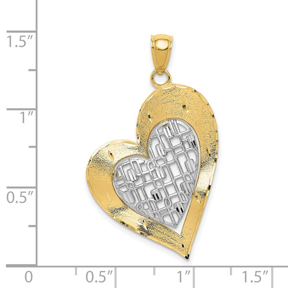 Alternate view of the 14k Two Tone Gold Satin and Diamond Cut Fancy Heart Pendant, 22mm by The Black Bow Jewelry Co.