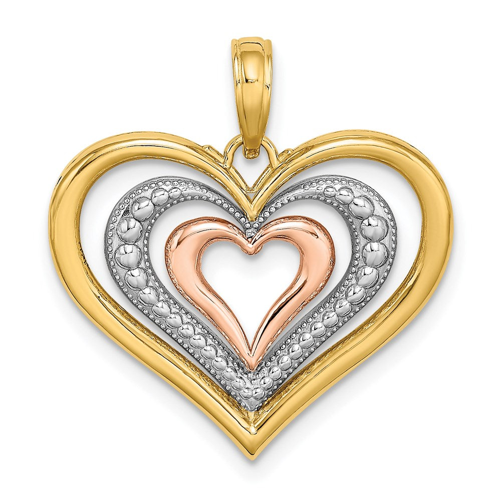 14k Yellow Gold and Rose Gold with Rhodium Triple Heart Pendant, 21mm, Item P25824 by The Black Bow Jewelry Co.