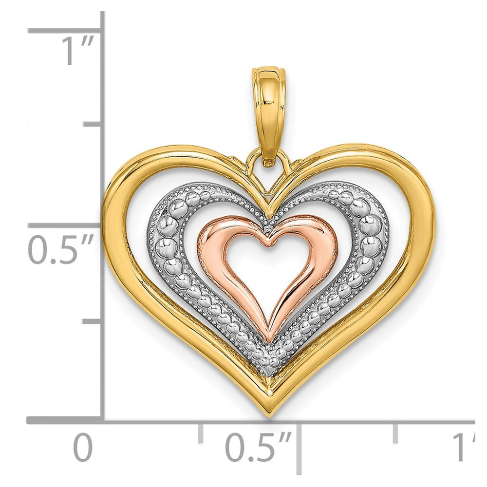 Alternate view of the 14k Yellow Gold and Rose Gold with Rhodium Triple Heart Pendant, 21mm by The Black Bow Jewelry Co.
