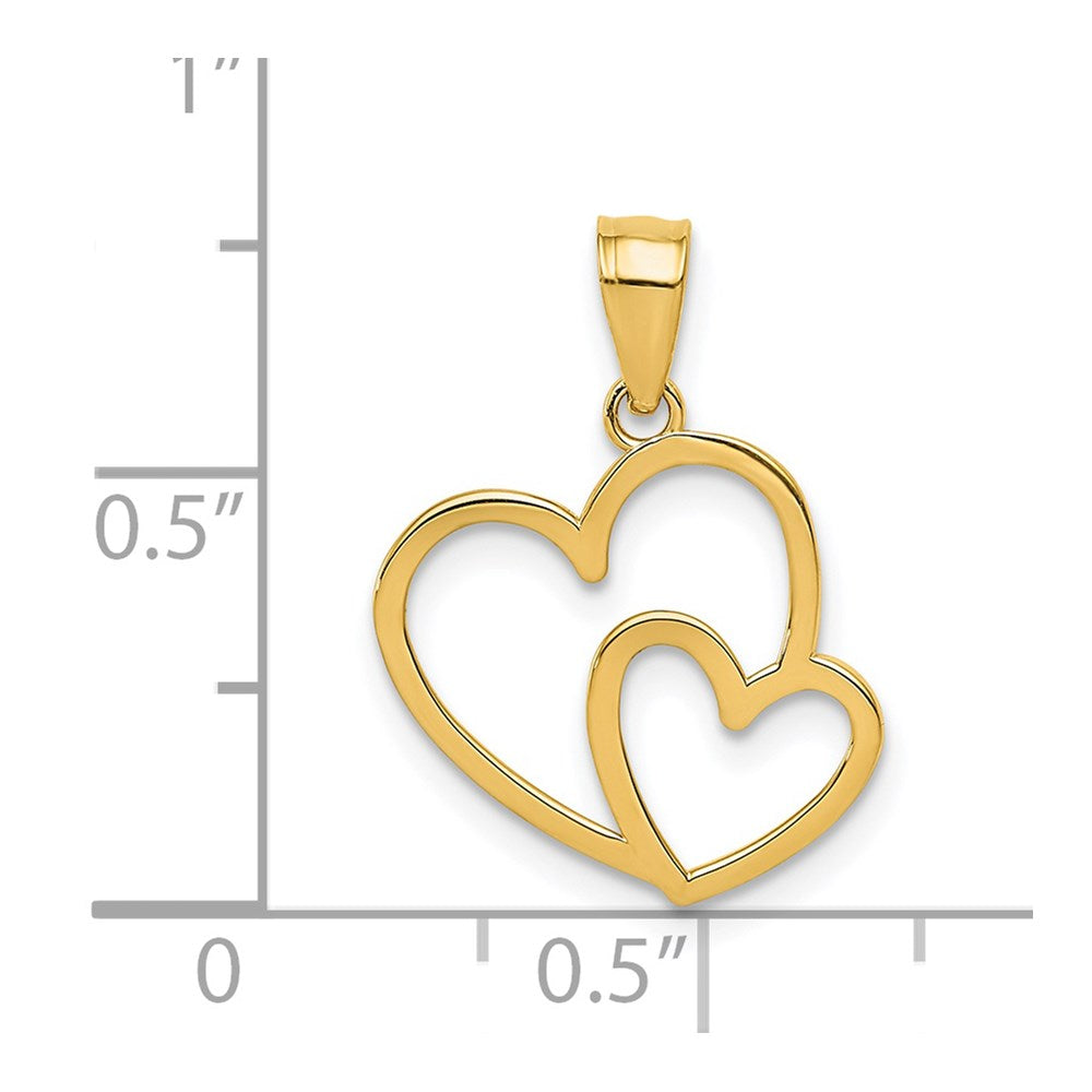 Alternate view of the 14k Yellow Gold Double Heart Pendant, 15mm by The Black Bow Jewelry Co.