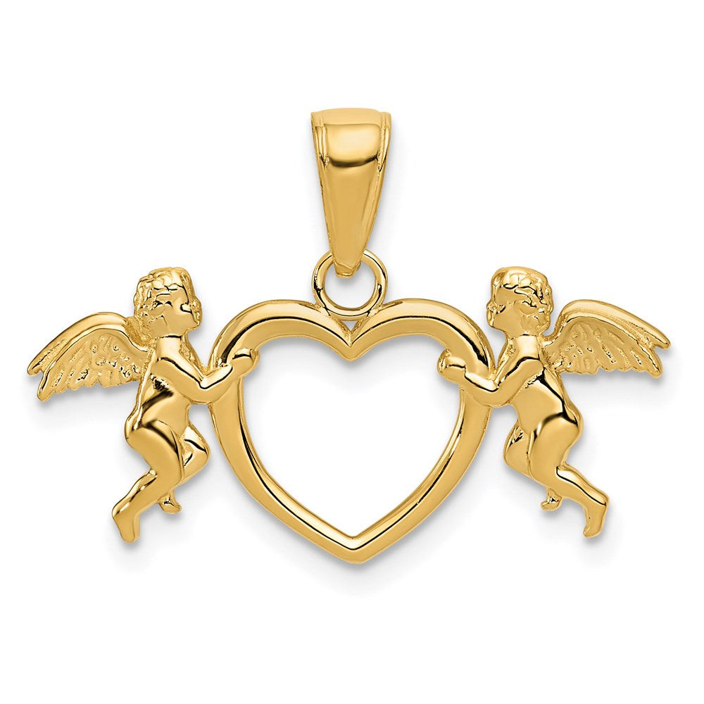 14k Yellow Gold Flying Cherubs Holding-Heart Pendant, 28mm, Item P25829 by The Black Bow Jewelry Co.