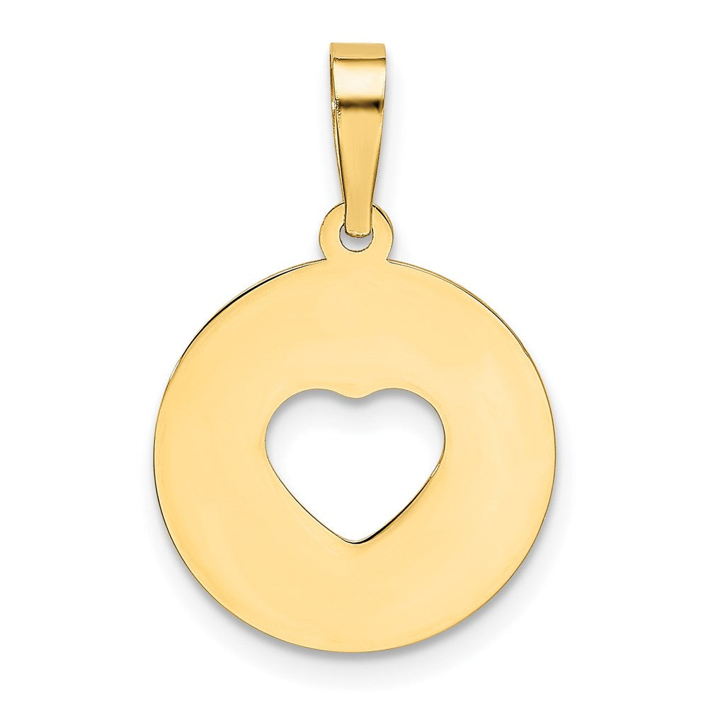Alternate view of the 14k Yellow Gold Disc with Cut Out Heart Pendant, 15mm by The Black Bow Jewelry Co.
