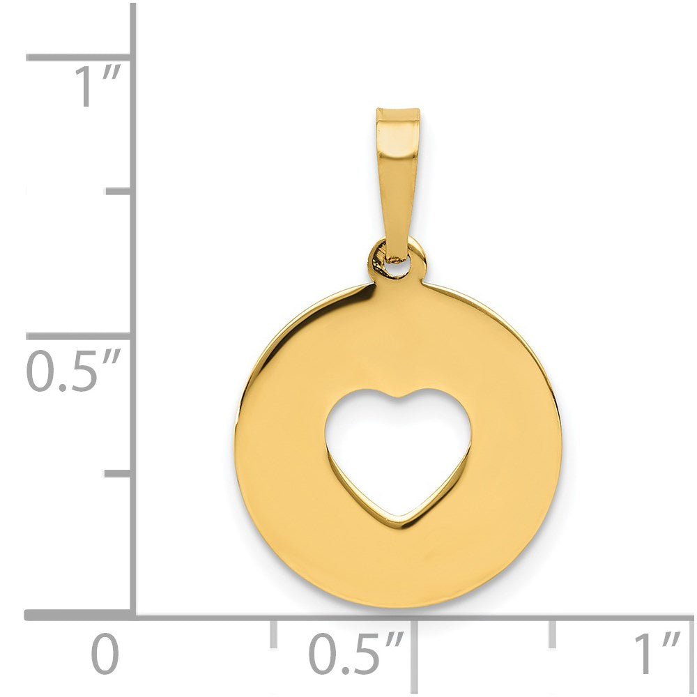 Alternate view of the 14k Yellow Gold Disc with Cut Out Heart Pendant, 15mm by The Black Bow Jewelry Co.