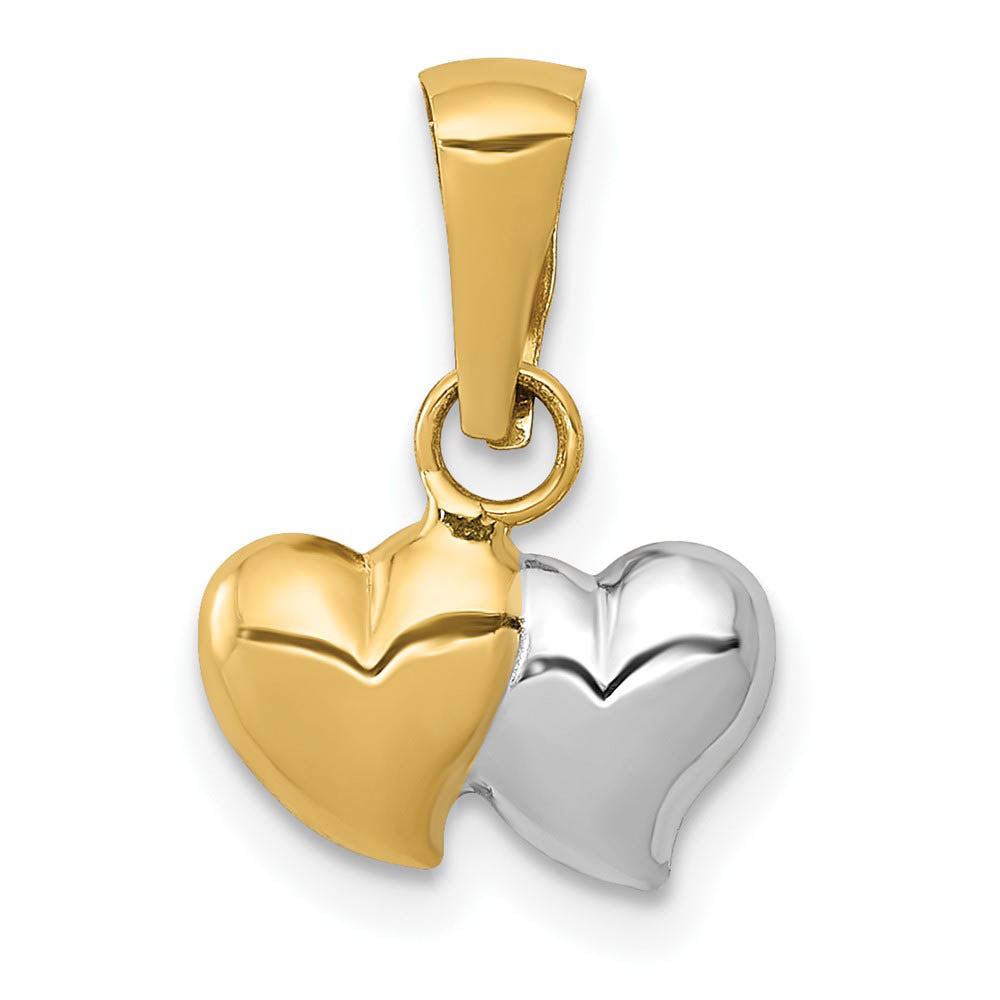 14k Yellow Gold with White Rhodium Hollow Two Heart Pendant, 10mm, Item P25833 by The Black Bow Jewelry Co.